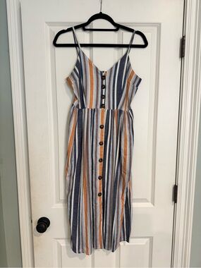 Japna Navy, White & Tan Striped Button-Front Midi Dress